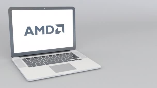 Abrindo e fechando laptop com microdispositivos avançados logotipo AMD. Animação editorial 4K — Vídeo de Stock