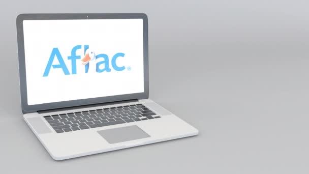Otwieranie i zamykanie laptopa z logo usługi Aflac. 4 k redakcji animacji — Wideo stockowe