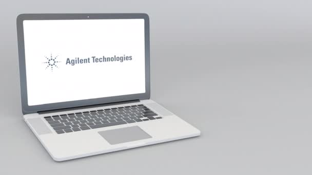 Otwieranie i zamykanie laptopa z logo Agilent Technologies. 4 k redakcji animacji — Wideo stockowe