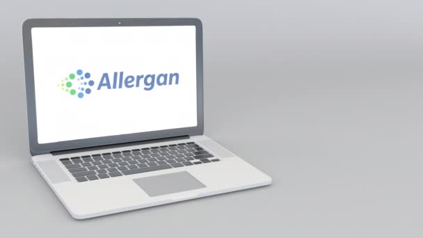 Ανοίγματος και κλεισίματος το laptop με το λογότυπο της Allergan. 4 k σύνταξης κινούμενα σχέδια — Αρχείο Βίντεο