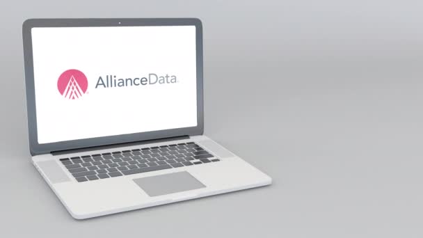 Laptop öffnen und schließen mit Allianz-Datenlogo. 4k redaktionelle Animation — Stockvideo