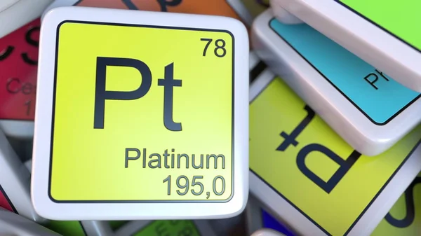 Blocco di platino Pt sul mucchio di tavola periodica dei blocchi di elementi chimici. Rendering 3D — Foto Stock