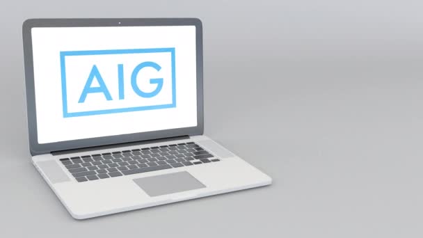 Ordinateur portable d'ouverture et de fermeture avec logo American International Group AIG. Animation éditoriale 4K — Video