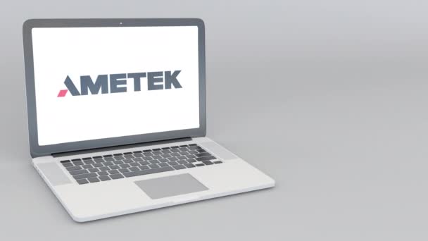 Portátil de apertura y cierre con logotipo de Ametek. Animación editorial 4K — Vídeos de Stock