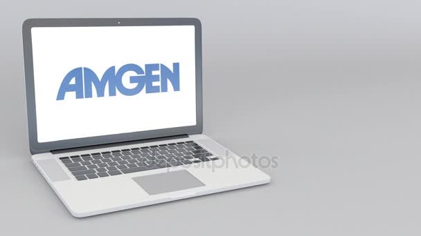 Abrir e fechar laptop com logotipo Amgen. Animação editorial 4K — Vídeo de Stock