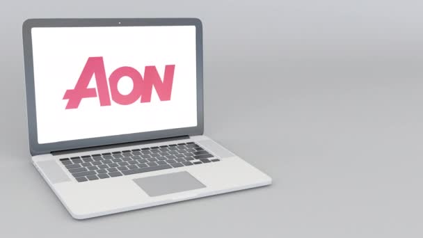 Abrir e fechar laptop com logotipo Aon Plc. Animação editorial 4K — Vídeo de Stock