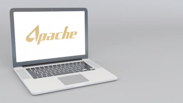 Apertura e chiusura laptop con logo Apache Corporation. Animazione editoriale 4K — Video Stock