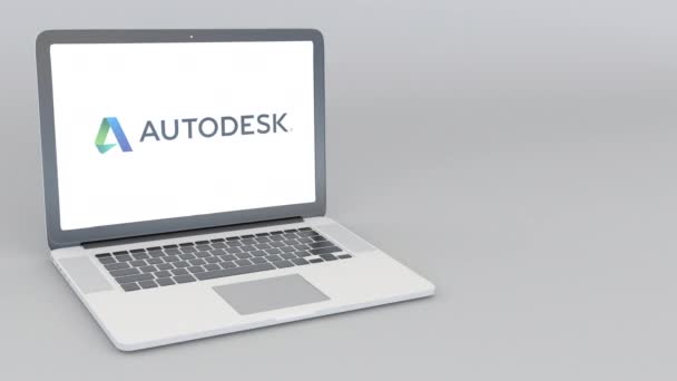Otwieranie i zamykanie laptopa z logo firmy Autodesk. 4 k redakcji animacji — Wideo stockowe