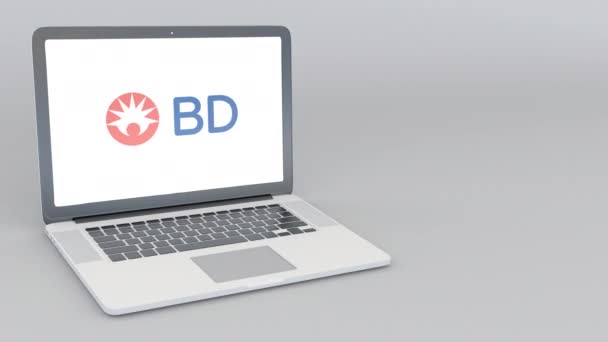 Відкриття та закриття ноутбук з логотипом компанія Дікінсон. 4 к редакційної анімації — стокове відео