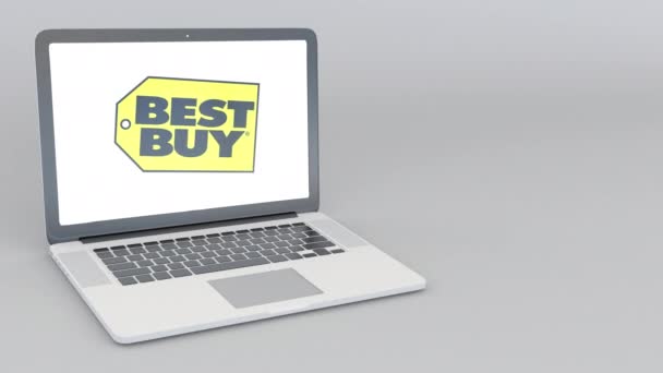 Portátil de apertura y cierre con logo Best Buy. Animación editorial 4K — Vídeos de Stock