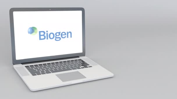 Otwieranie i zamykanie laptopa z Biogen logo. 4 k redakcji animacji — Wideo stockowe