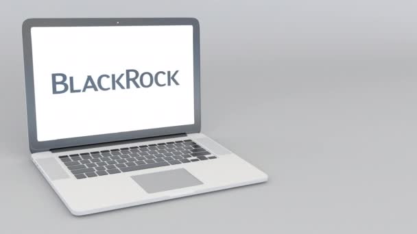 Portátil de apertura y cierre con logo BlackRock. Animación editorial 4K — Vídeos de Stock