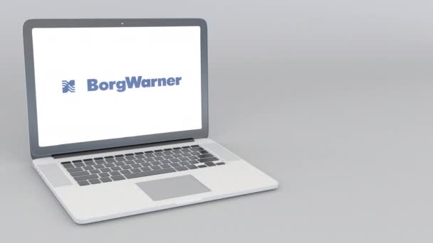 Nyitó és záró laptop Borgwarner logóval. 4 k szerkesztői animáció — Stock videók