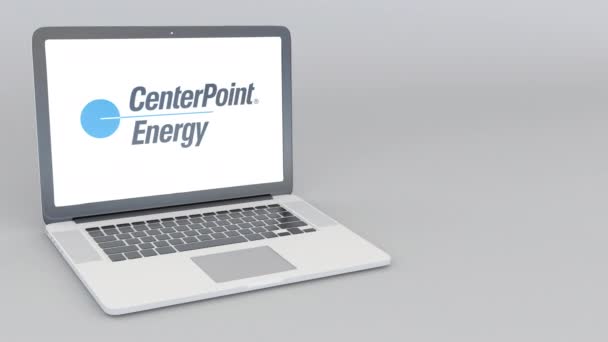 Άνοιγμα και κλείσιμο laptop με λογότυπο Centerpoint Energy. 4 k σύνταξης κινούμενα σχέδια — Αρχείο Βίντεο