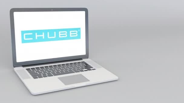 Abrir e fechar laptop com logotipo Chubb Limited. Animação editorial 4K — Vídeo de Stock