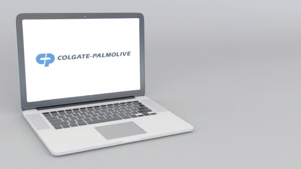 Відкриття та закриття ноутбук з логотипом компанії Colgate-Palmolive. 4 к редакційної анімації — стокове відео