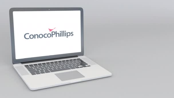 Açılış ve kapanış Conocophillips logolu dizüstü bilgisayar. 4 k editoryal animasyon — Stok video