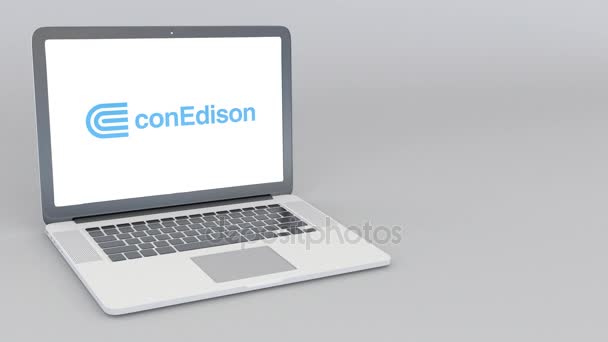 Öppna och stänga laptop med konsoliderade Edison logotyp. 4 k redaktionella animation — Stockvideo