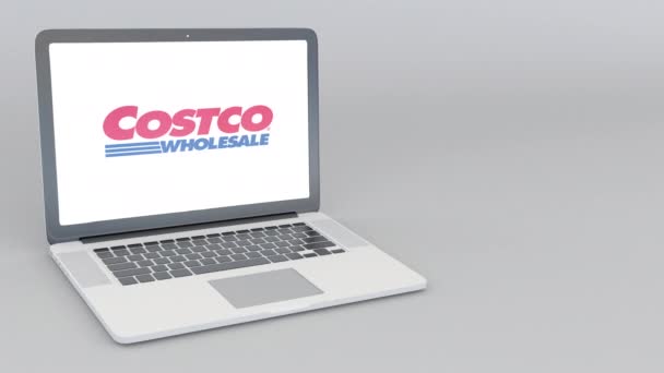 Portátil de apertura y cierre con logo Costco. Animación editorial 4K — Vídeos de Stock