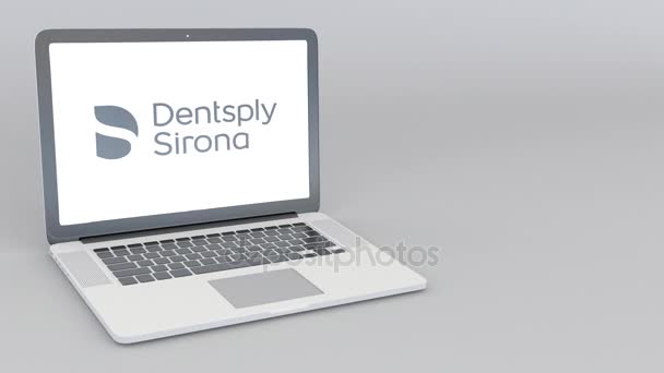 Portátil de apertura y cierre con logo Dentsply Sirona. Animación editorial 4K — Vídeos de Stock