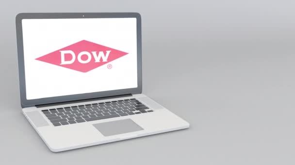 Άνοιγμα και κλείσιμο φορητό υπολογιστή με το λογότυπο της εταιρίας χημικών Dow. 4 k σύνταξης κινούμενα σχέδια — Αρχείο Βίντεο
