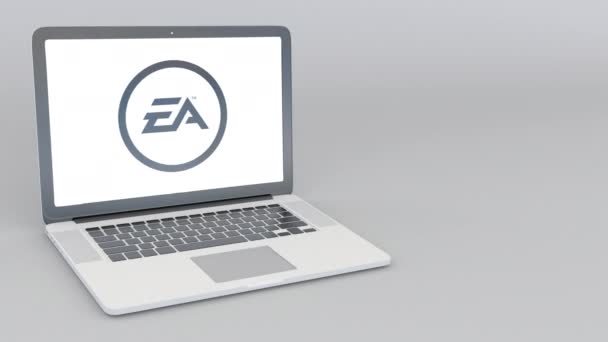 Відкриття та закриття ноутбук з логотипом Electronic Arts. 4 к редакційної анімації — стокове відео