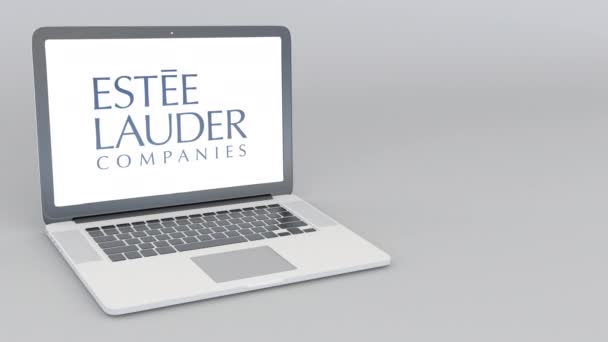 Portatile di apertura e chiusura con logo Estee Lauder Companies. Animazione editoriale 4K — Video Stock