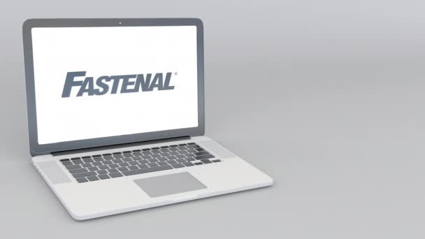 使用 Fastenal 徽标打开和关闭笔记本电脑。4k 编辑动画 — 图库视频影像