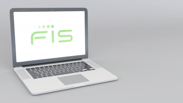 Открытие и закрытие ноутбука с логотипом FIS. Редакция 4K — стоковое видео
