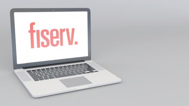 Açılış ve kapanış Fiserv logosu ile dizüstü bilgisayar. 4 k editoryal animasyon — Stok video