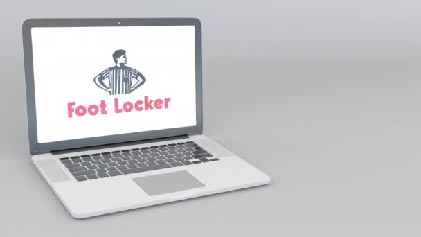 Abrir e fechar laptop com logotipo Foot Locker. Animação editorial 4K — Vídeo de Stock