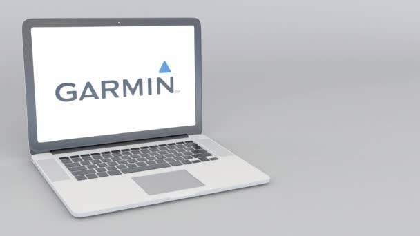 Açılış ve kapanış Garmin logolu dizüstü bilgisayar. 4 k editoryal animasyon — Stok video