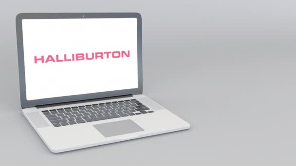 Portátil de apertura y cierre con logo Halliburton. Animación editorial 4K — Vídeos de Stock