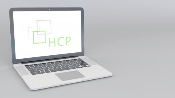 Portátil de apertura y cierre con logotipo de HCP Inc. Animación editorial 4K — Vídeos de Stock