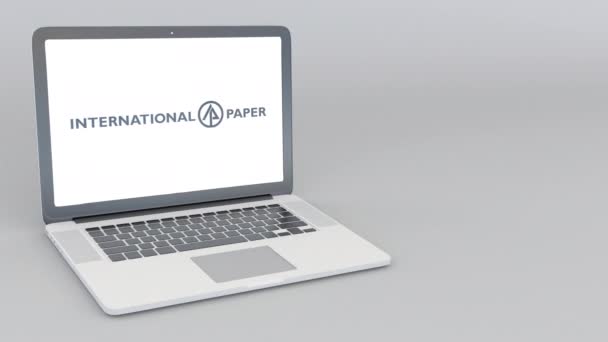 Άνοιγμα και κλείσιμο laptop με χαρτί διεθνές λογότυπο. 4 k σύνταξης κινούμενα σχέδια — Αρχείο Βίντεο