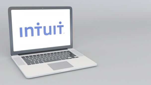 Otwieranie i zamykanie laptopa z Intuit logo. 4 k redakcji animacji — Wideo stockowe
