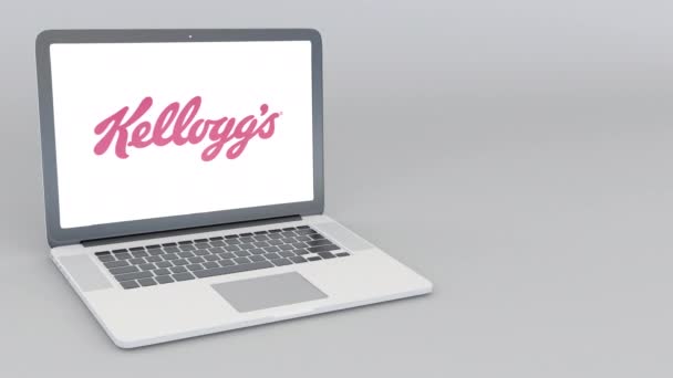 Portátil de apertura y cierre con logo Kelloggs. Animación editorial 4K — Vídeo de stock