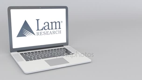 Nyitó és záró laptop Lam kutatási logóval. 4 k szerkesztői animáció — Stock videók