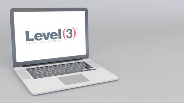 Ανοίγματος και κλεισίματος το laptop με το επίπεδο 3 Communications λογότυπο. 4 k σύνταξης κινούμενα σχέδια — Αρχείο Βίντεο