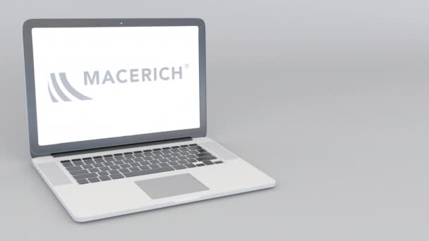 Openen en sluiten van laptop met Macerich logo. 4 k redactionele animatie — Stockvideo