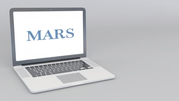 Portátil de apertura y cierre con logo Mars Incorporated. Animación editorial 4K — Vídeo de stock