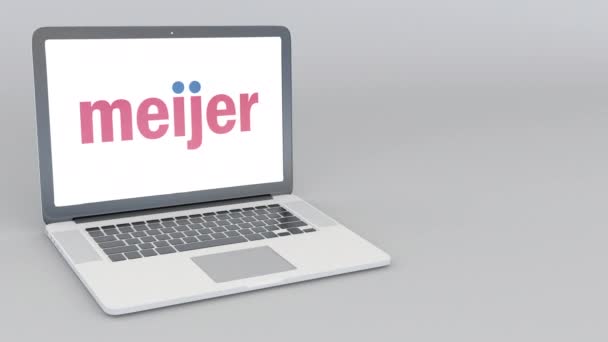 Abrir e fechar laptop com logotipo Meijer. Animação editorial 4K — Vídeo de Stock