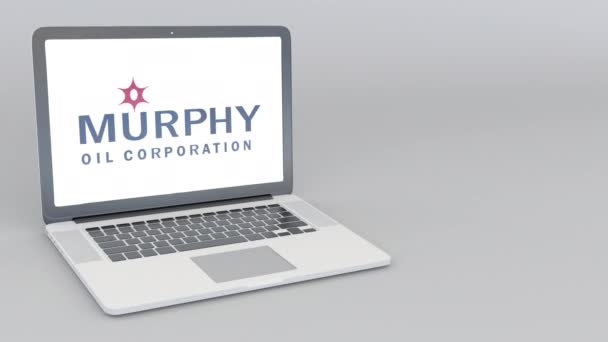 Otwieranie i zamykanie laptopa z logo Murphy oleju. 4 k redakcji animacji — Wideo stockowe