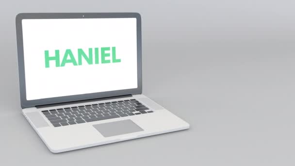 Computer portatile di apertura e chiusura con logo Haniel. Animazione editoriale 4K — Video Stock