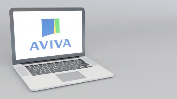 Abrir e fechar laptop com logotipo Aviva. Animação editorial 4K — Vídeo de Stock