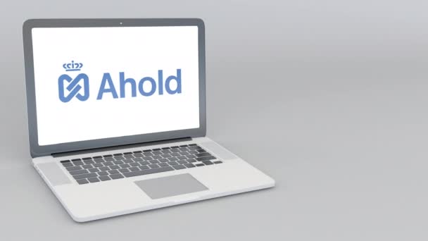 Abrir e fechar laptop com logotipo Ahold. Animação editorial 4K — Vídeo de Stock