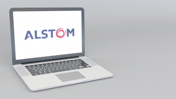 Portátil de apertura y cierre con logotipo de Alstom. Animación editorial 4K — Vídeos de Stock