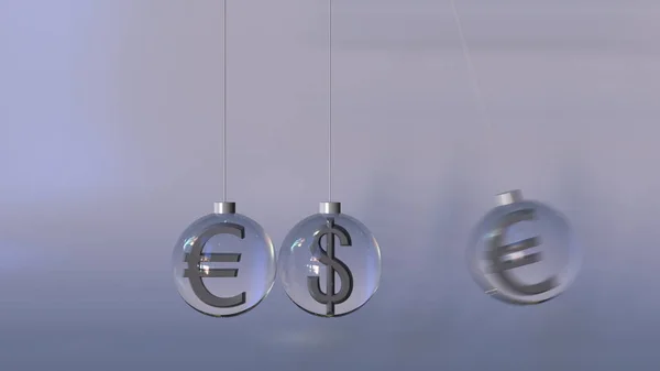 Berço de Newtons balançando feito de símbolos do dólar e da moeda do euro. Interação Forex, bancos internacionais ou conceitos de operação de multicurrencia. Renderização 3D — Fotografia de Stock