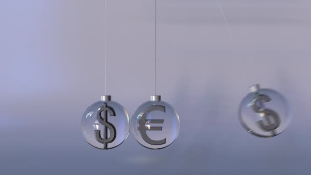 Culla oscillante Newton fatta di euro e cartelli valutari dollaro. Interazione Forex, concetti di operazioni bancarie internazionali o multicurrency — Video Stock