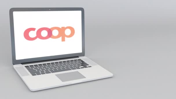 Portátil de apertura y cierre con logotipo Coop Cooperative. Animación editorial 4K — Vídeos de Stock